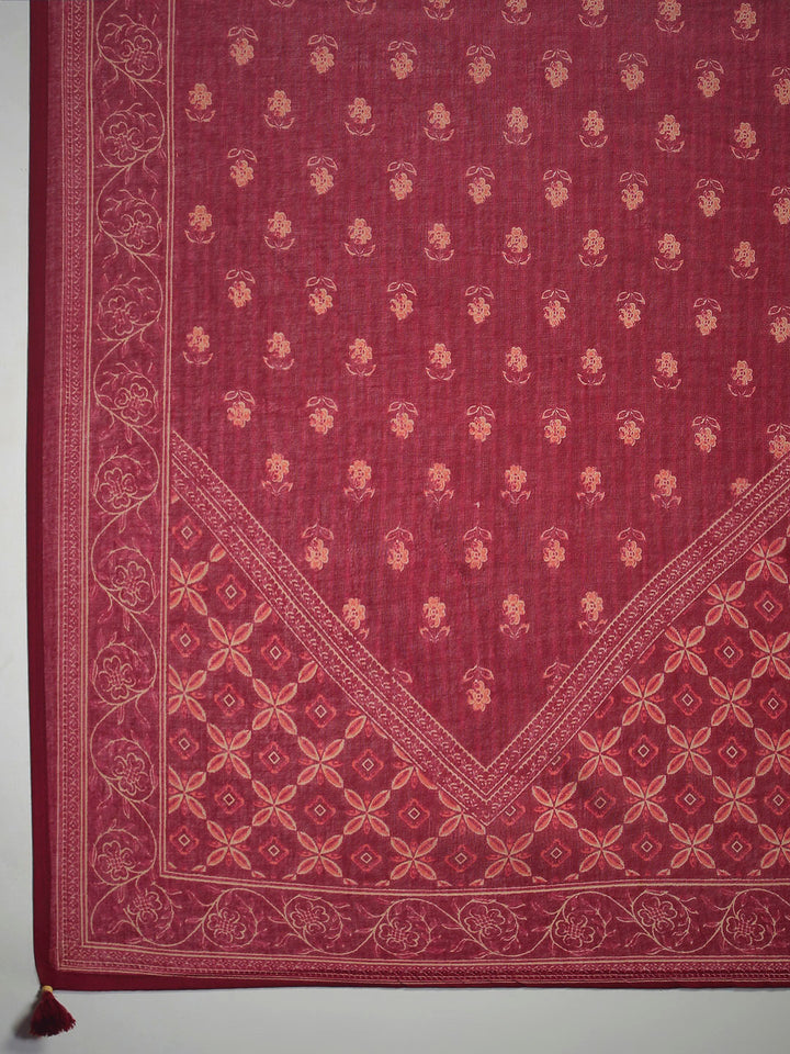 Wine Cotton Blend Printed A Line Suit Set