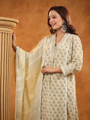 Printed Cotton Blend Kurta With Pants & Dupatta