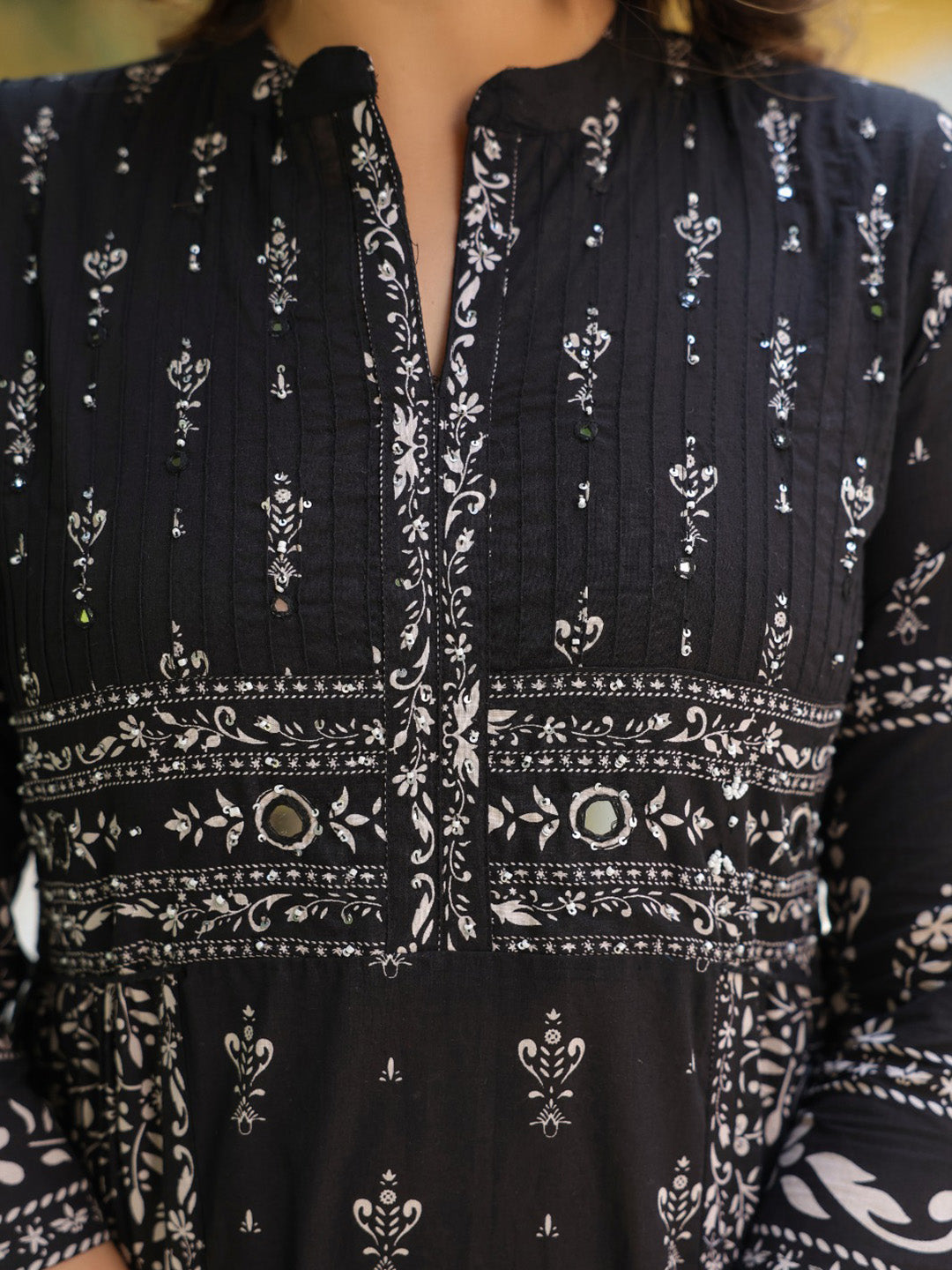 Black Cotton Blend Floral Printed Straight Suit Set