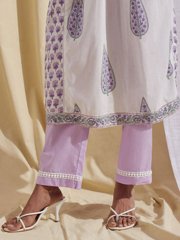 Kota Printed Cotton Kurta With Pants & Dupatta