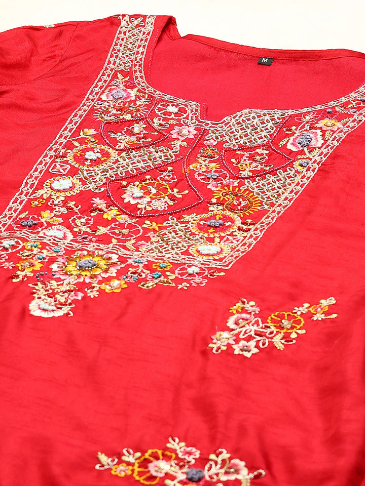Resham Work Art Silk Kurta With Pants &amp; Dupatta