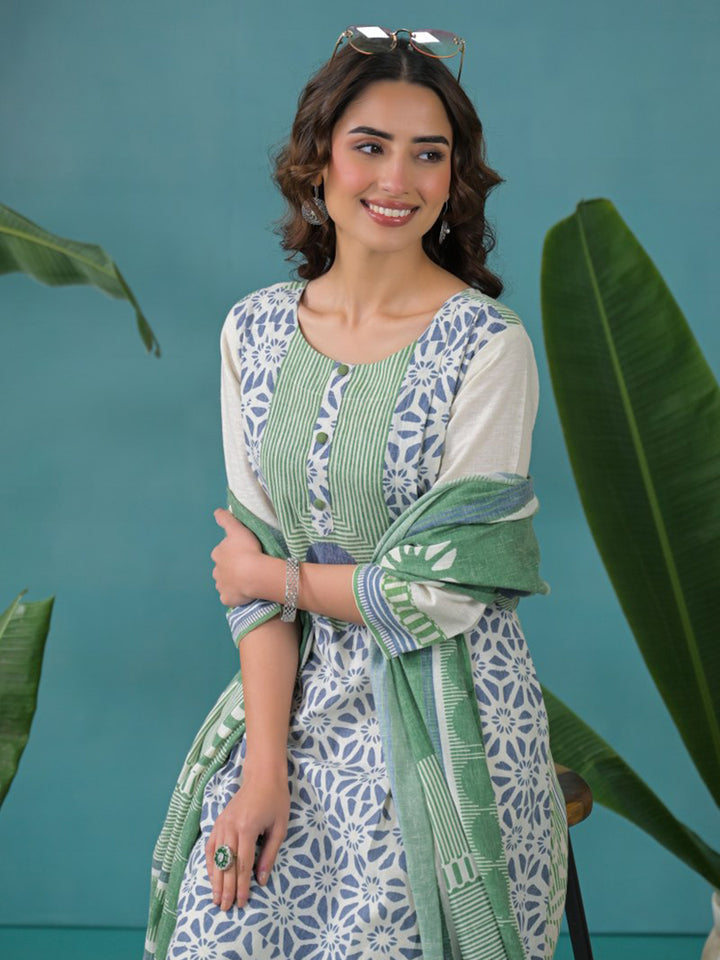 Cream Cotton Blend Printed Straight Suit Set