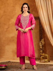 Neck Zari Embroidery Tissue Kurta With Pants & Dupatta