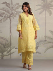 Schiffli Embroidery Kurta With Pants & Dupatta