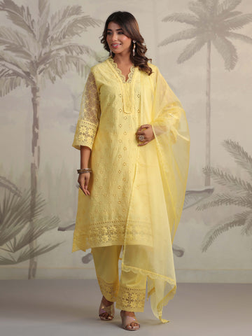 Schiffli Embroidery Kurta With Pants & Dupatta