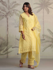 Schiffli Embroidery Kurta With Pants & Dupatta