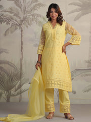 Schiffli Embroidery Kurta With Pants & Dupatta