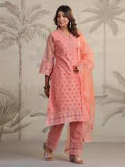 Schiffli Embroidery Kurta With Pants & Dupatta