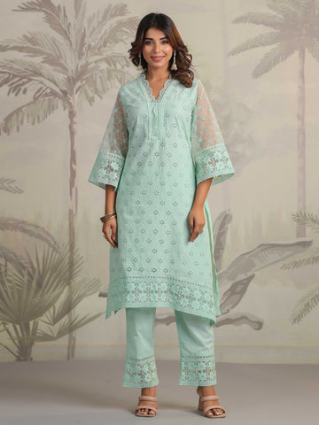 Schiffli Embroidery Kurta With Pants & Dupatta