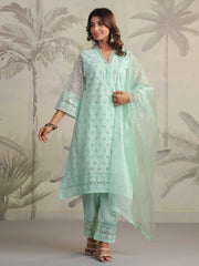 Schiffli Embroidery Kurta With Pants & Dupatta