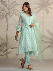 Schiffli Embroidery Kurta With Pants & Dupatta