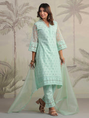 Schiffli Embroidery Kurta With Pants & Dupatta