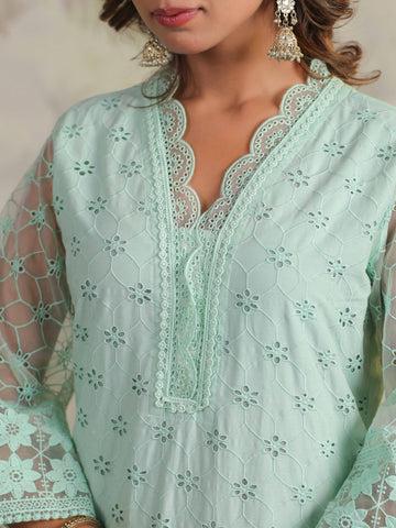 Schiffli Embroidery Kurta With Pants & Dupatta