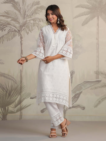 Schiffli Embroidery Kurta With Pants & Dupatta