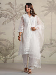 Schiffli Embroidery Kurta With Pants & Dupatta