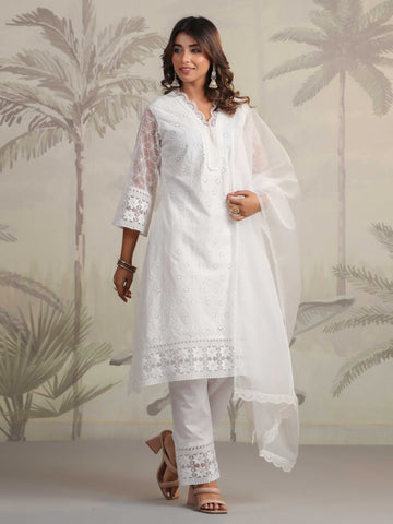 Schiffli Embroidery Kurta With Pants & Dupatta