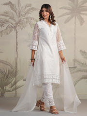 Schiffli Embroidery Kurta With Pants & Dupatta