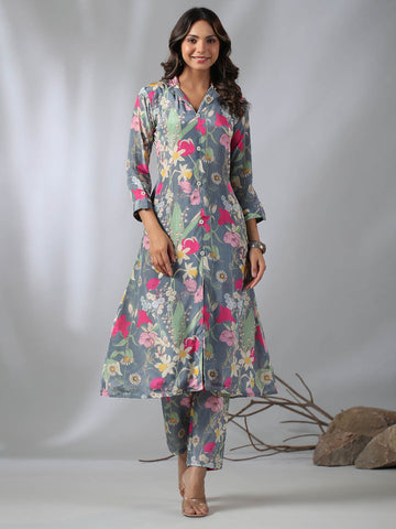 Floral Printed Crepe Kurta With Pants