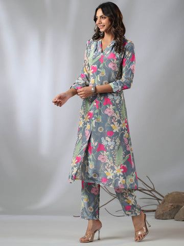 Floral Printed Crepe Kurta With Pants