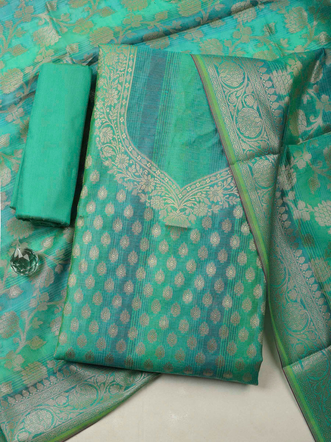 Green Banarasi Chanderi Unstitched Dress Material