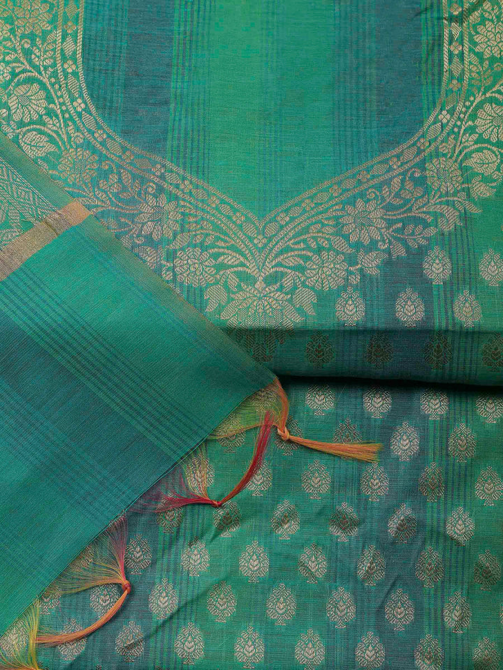 Green Banarasi Chanderi Unstitched Dress Material