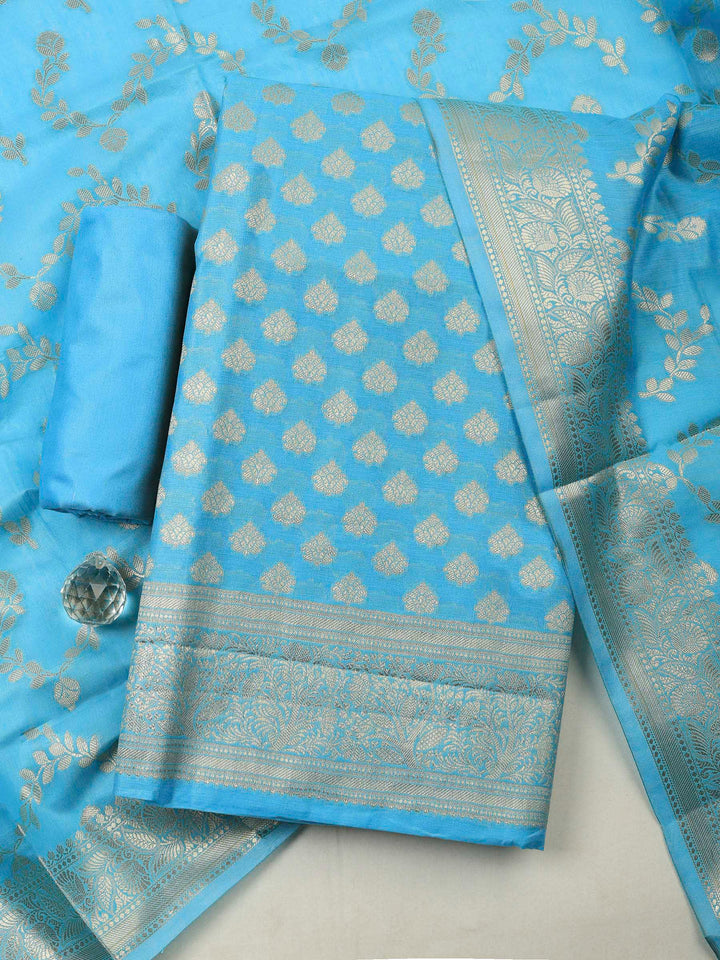 Blue Banarasi Chanderi Unstitched Dress Material