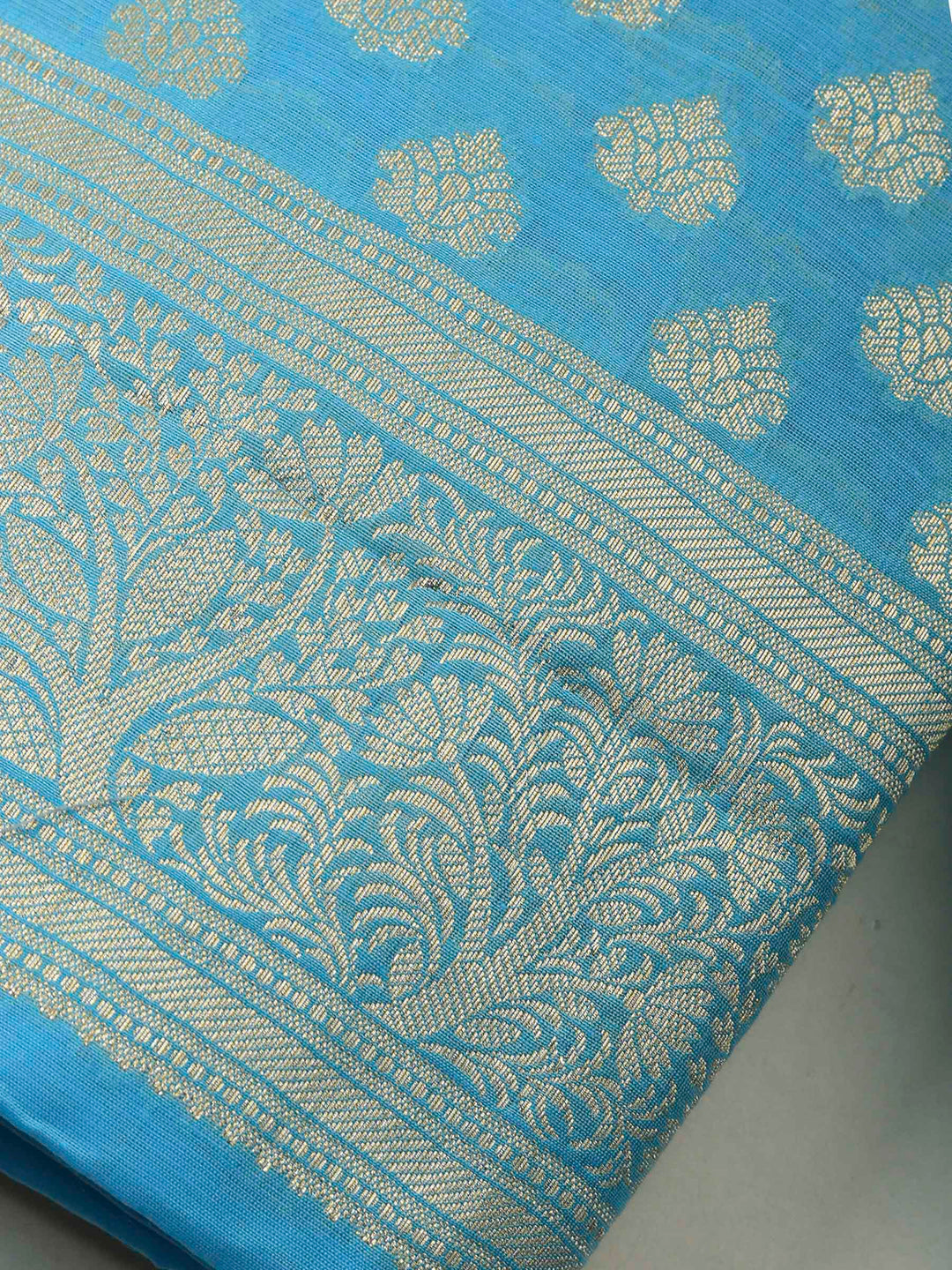 Blue Banarasi Chanderi Unstitched Dress Material