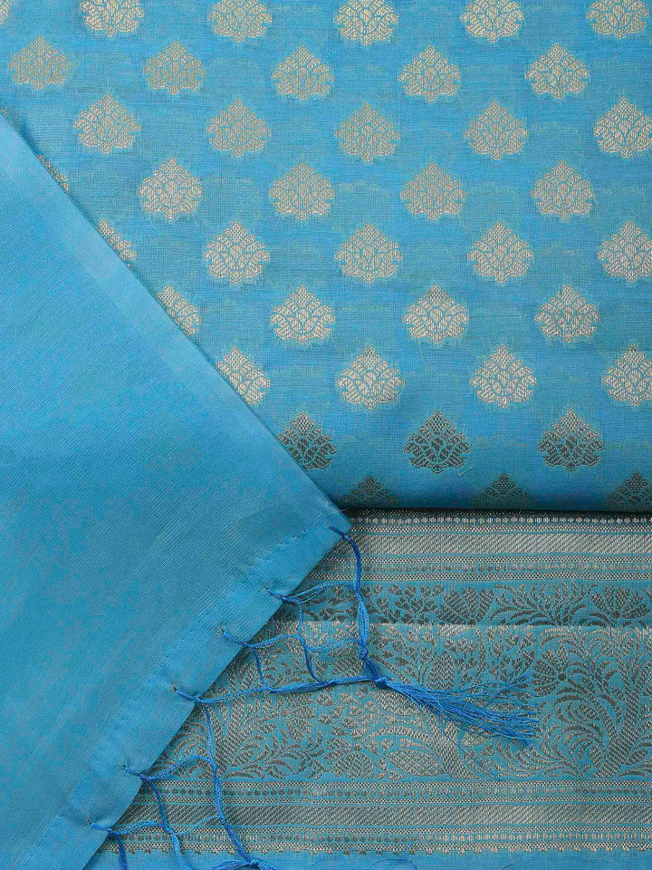 Blue Banarasi Chanderi Unstitched Dress Material