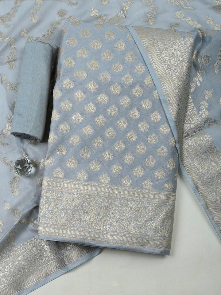 Grey Banarasi Chanderi Unstitched Dress Material