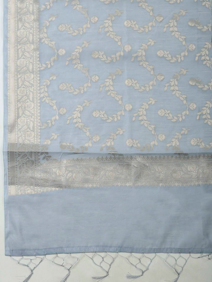 Grey Banarasi Chanderi Unstitched Dress Material