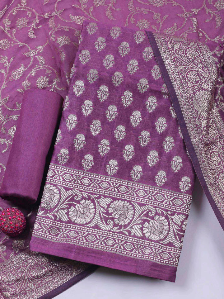 Purple Woven Design Chanderi Unstitched Dress Material