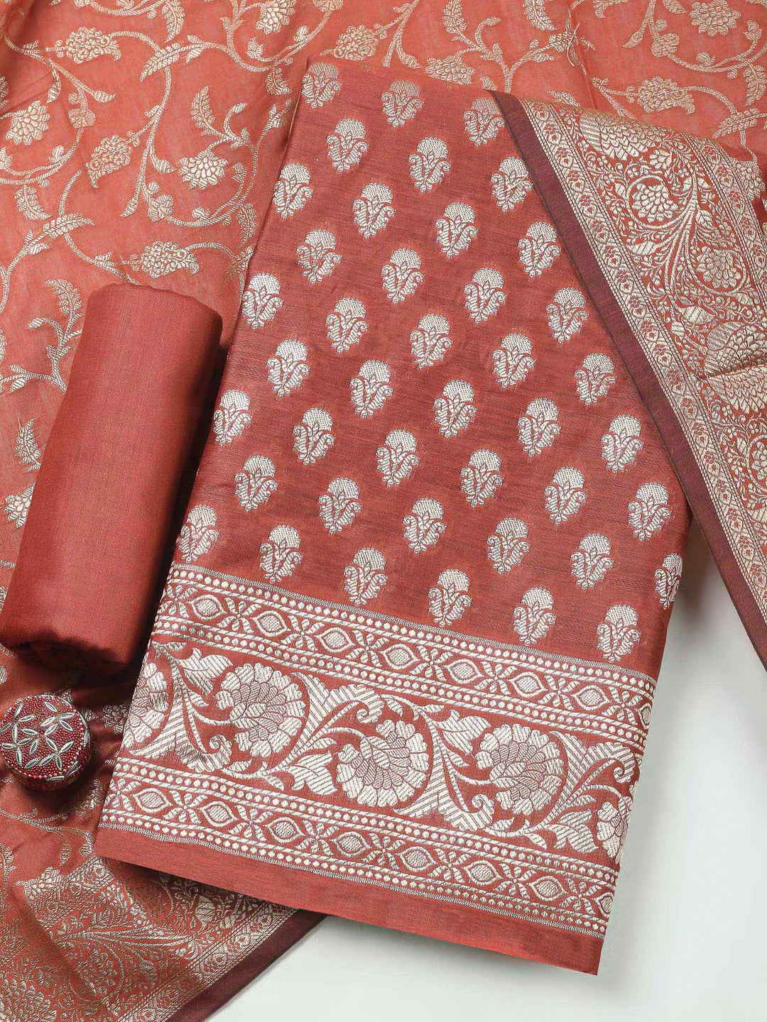 Rust Woven Design Chanderi Unstitched Dress Material