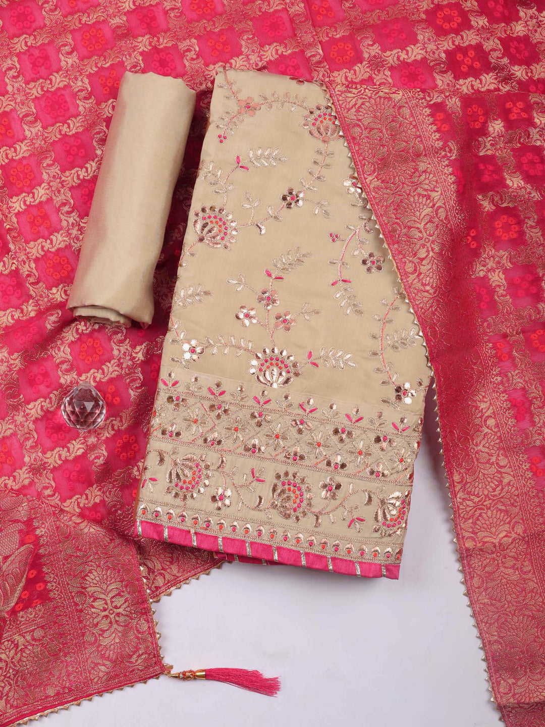 Beige-Rani Embroidery Chanderi Unstitched Dress Material