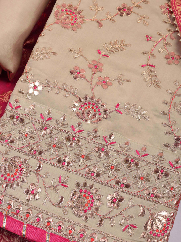 Beige-Rani Embroidery Chanderi Unstitched Dress Material