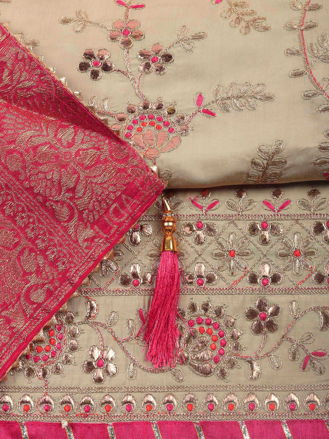 Beige-Rani Embroidery Chanderi Unstitched Dress Material
