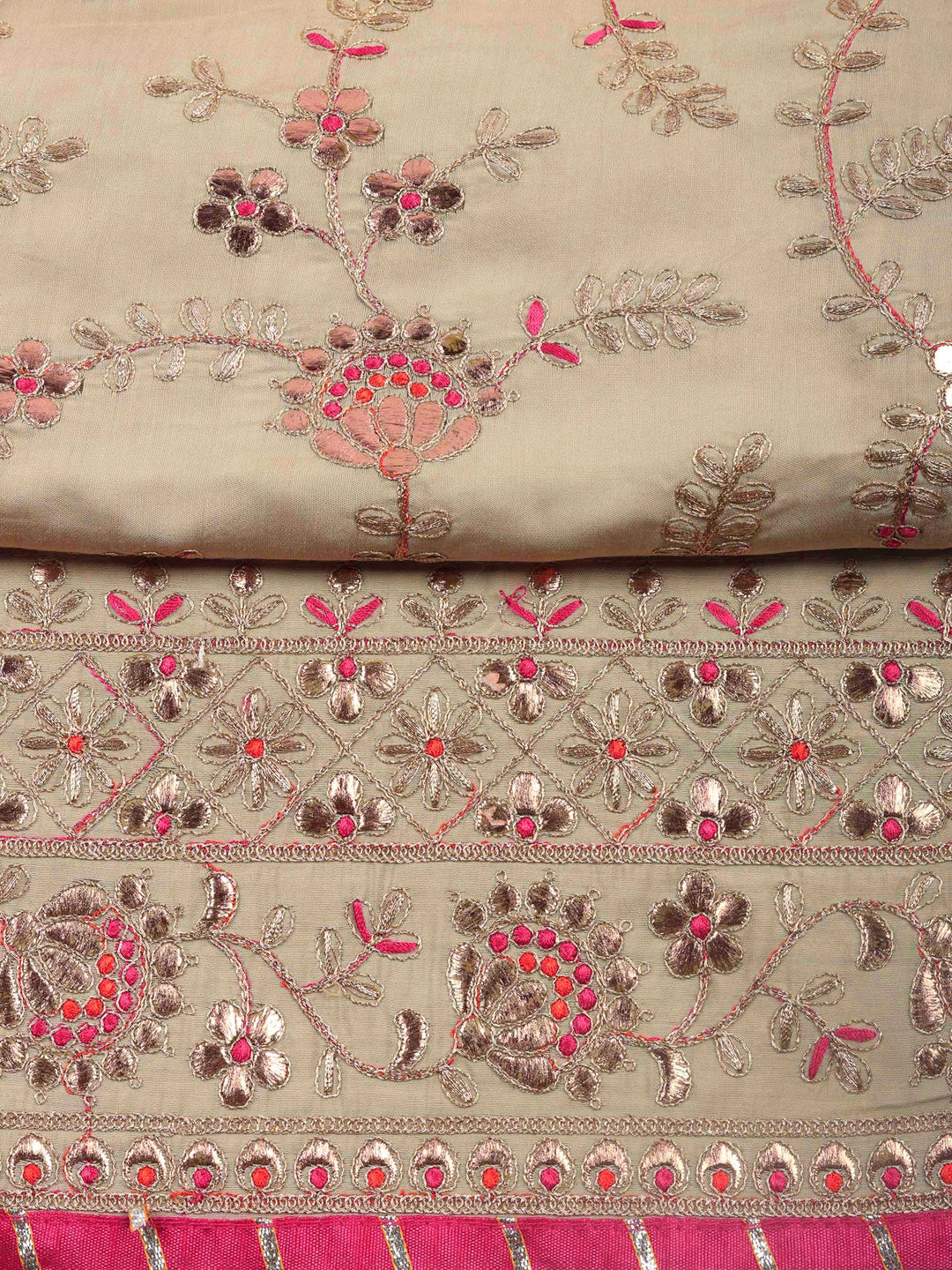 Beige-Rani Embroidery Chanderi Unstitched Dress Material