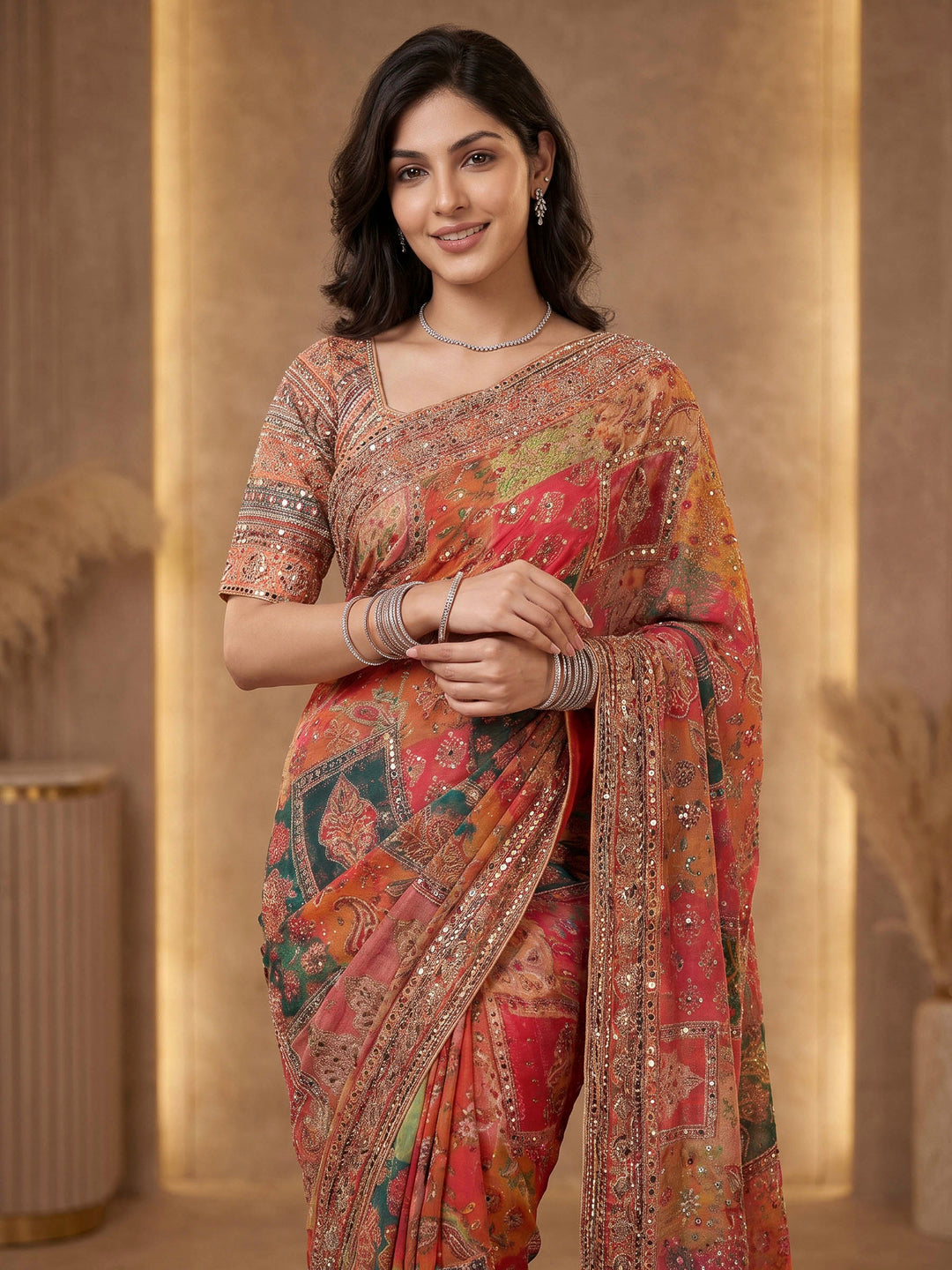 Pink Crepe Printed Saree