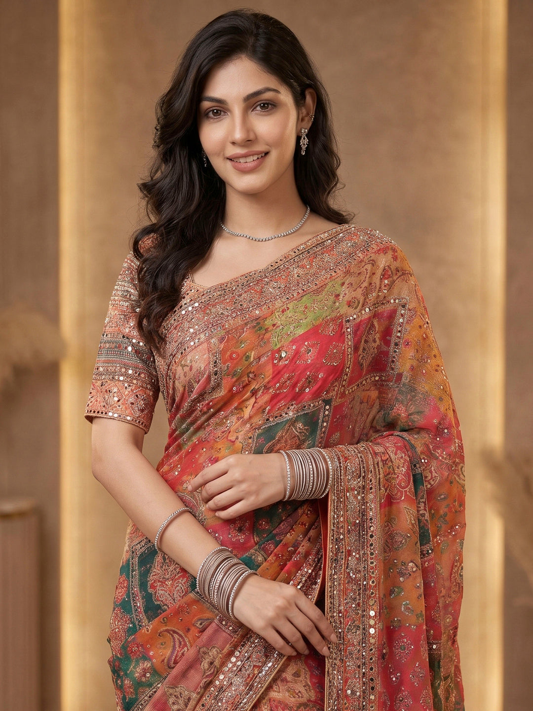 Pink Crepe Printed Saree