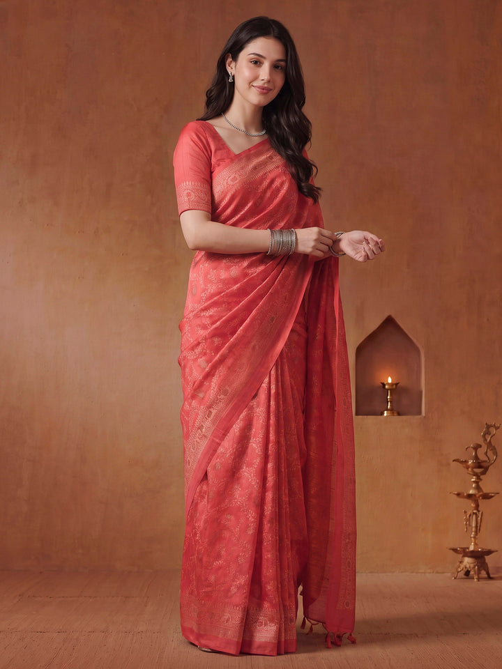 Pink Cotton Blend Printed Saree
