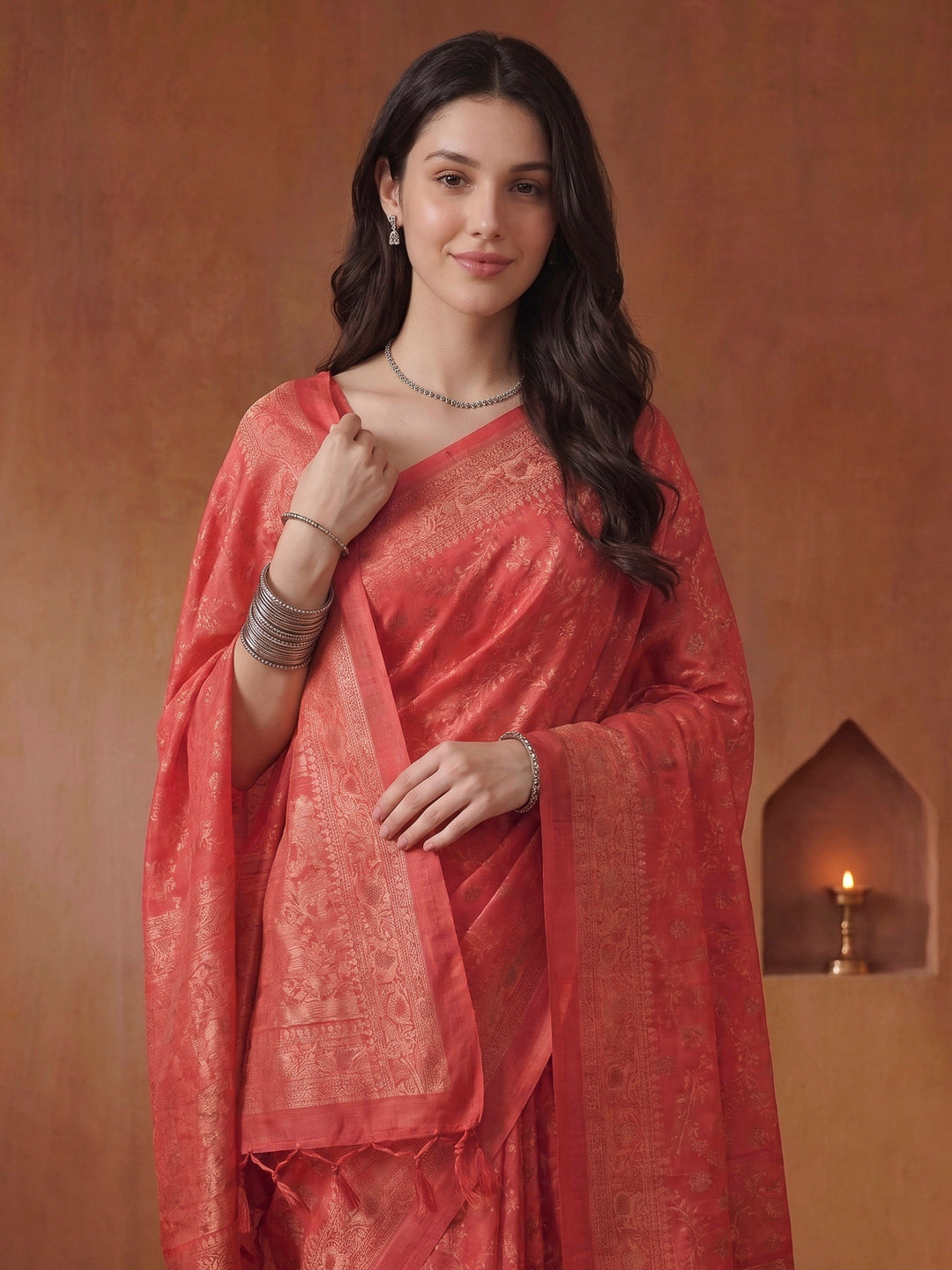 Pink Cotton Blend Printed Saree