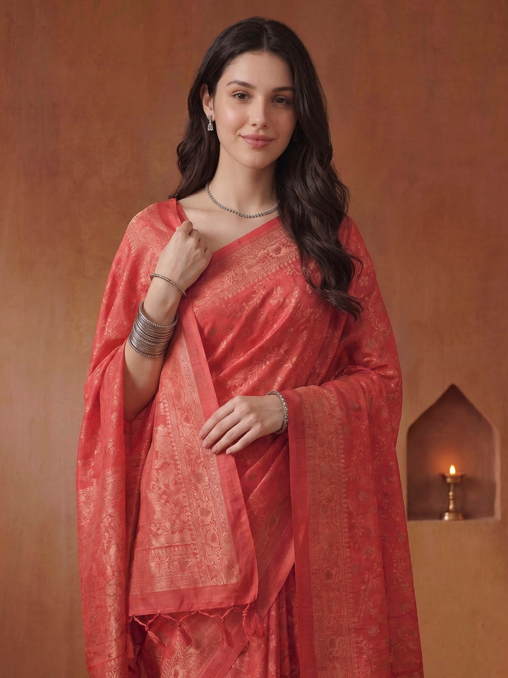 Pink Cotton Blend Printed Saree