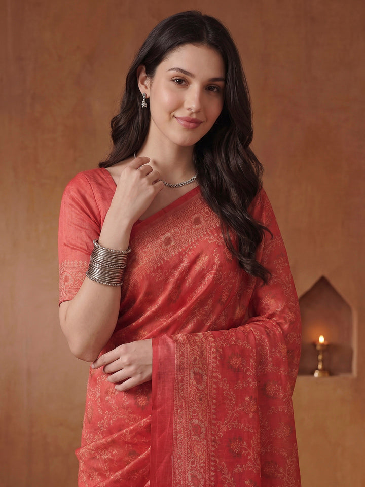 Pink Cotton Blend Printed Saree
