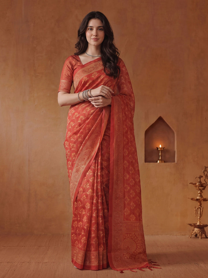 Red Cotton Blend Printed Saree