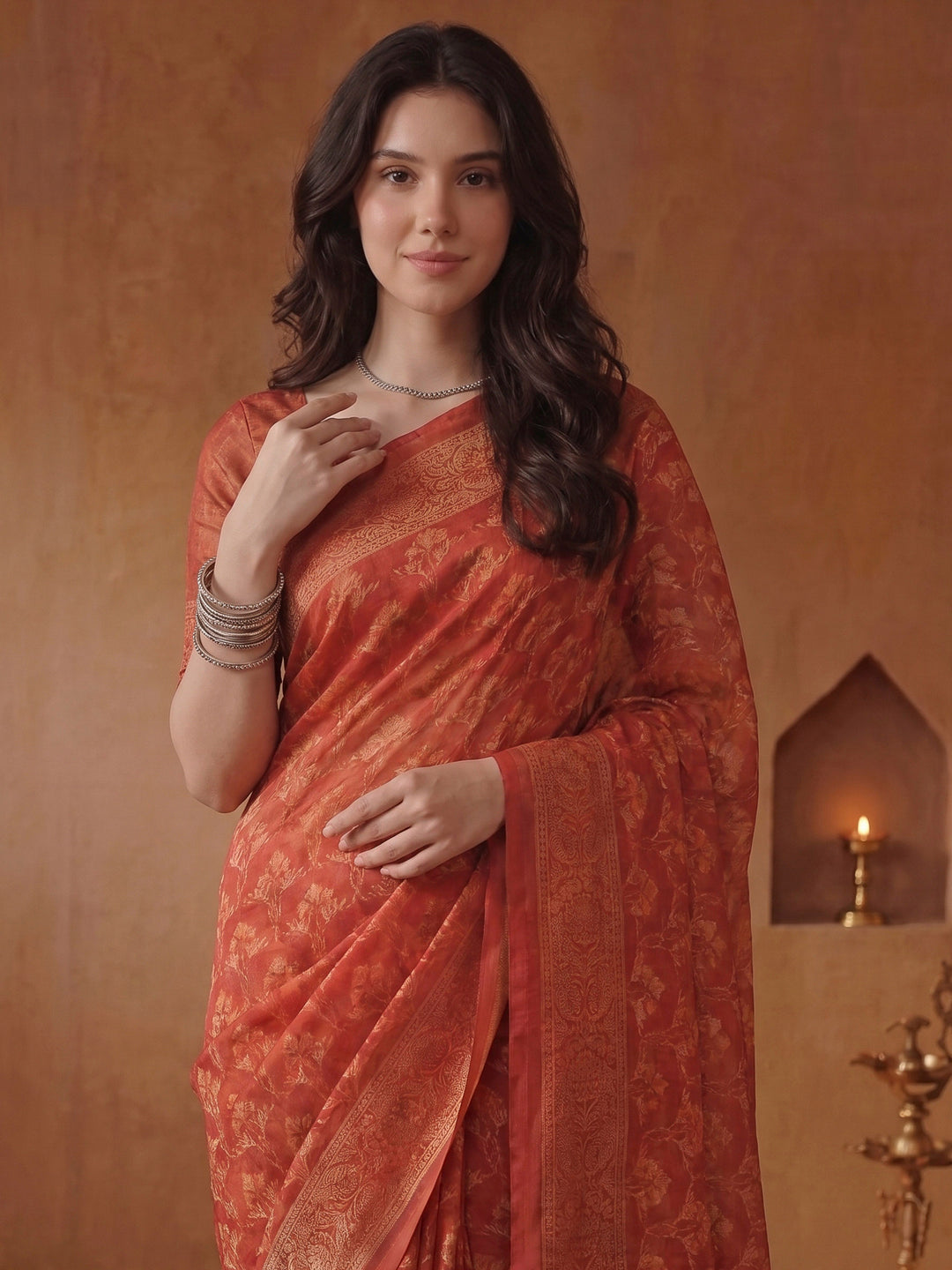 Red Cotton Blend Printed Saree