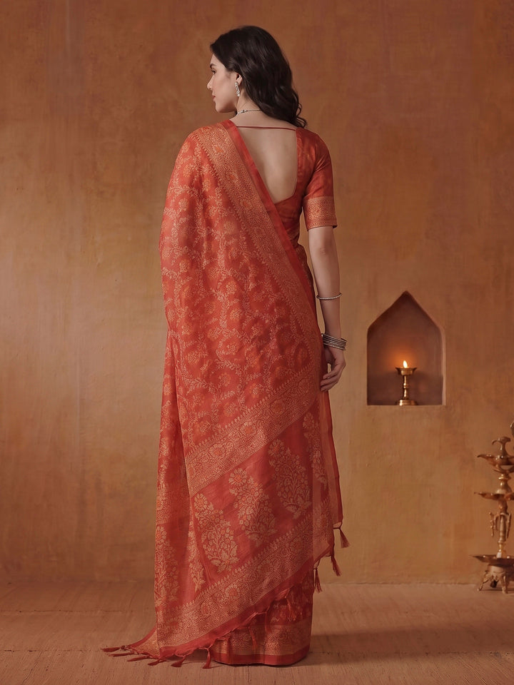 Red Cotton Blend Printed Saree