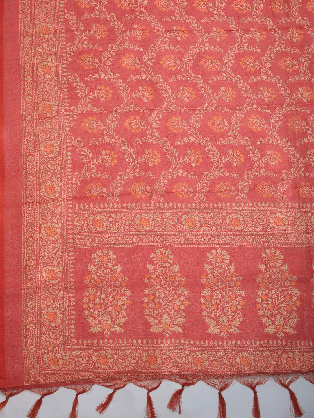 Red Cotton Blend Printed Saree