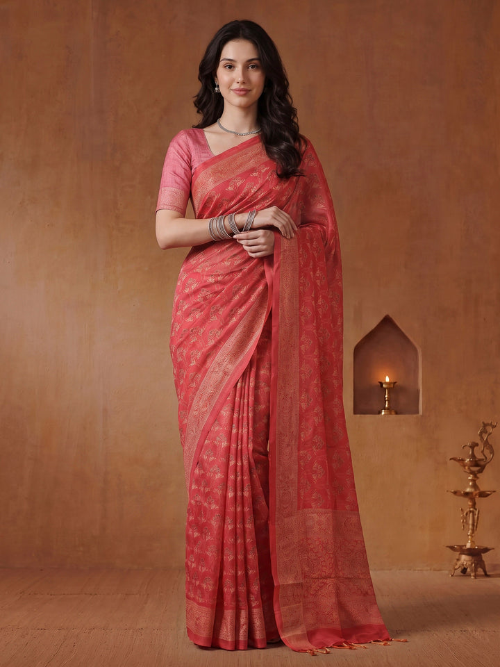 Pink Cotton Blend Printed Saree
