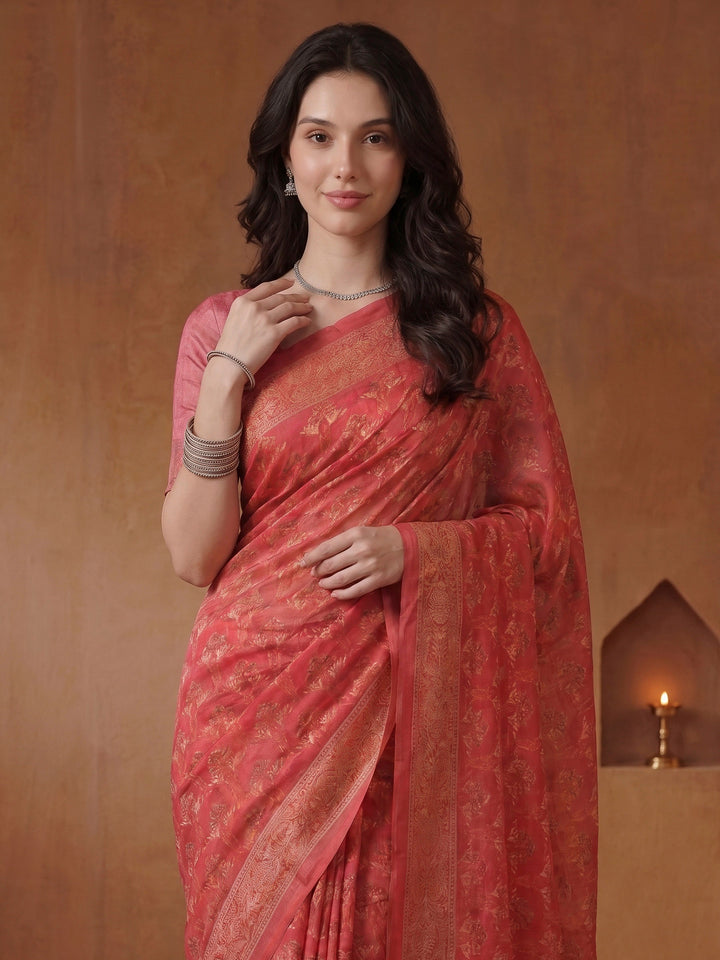 Pink Cotton Blend Printed Saree