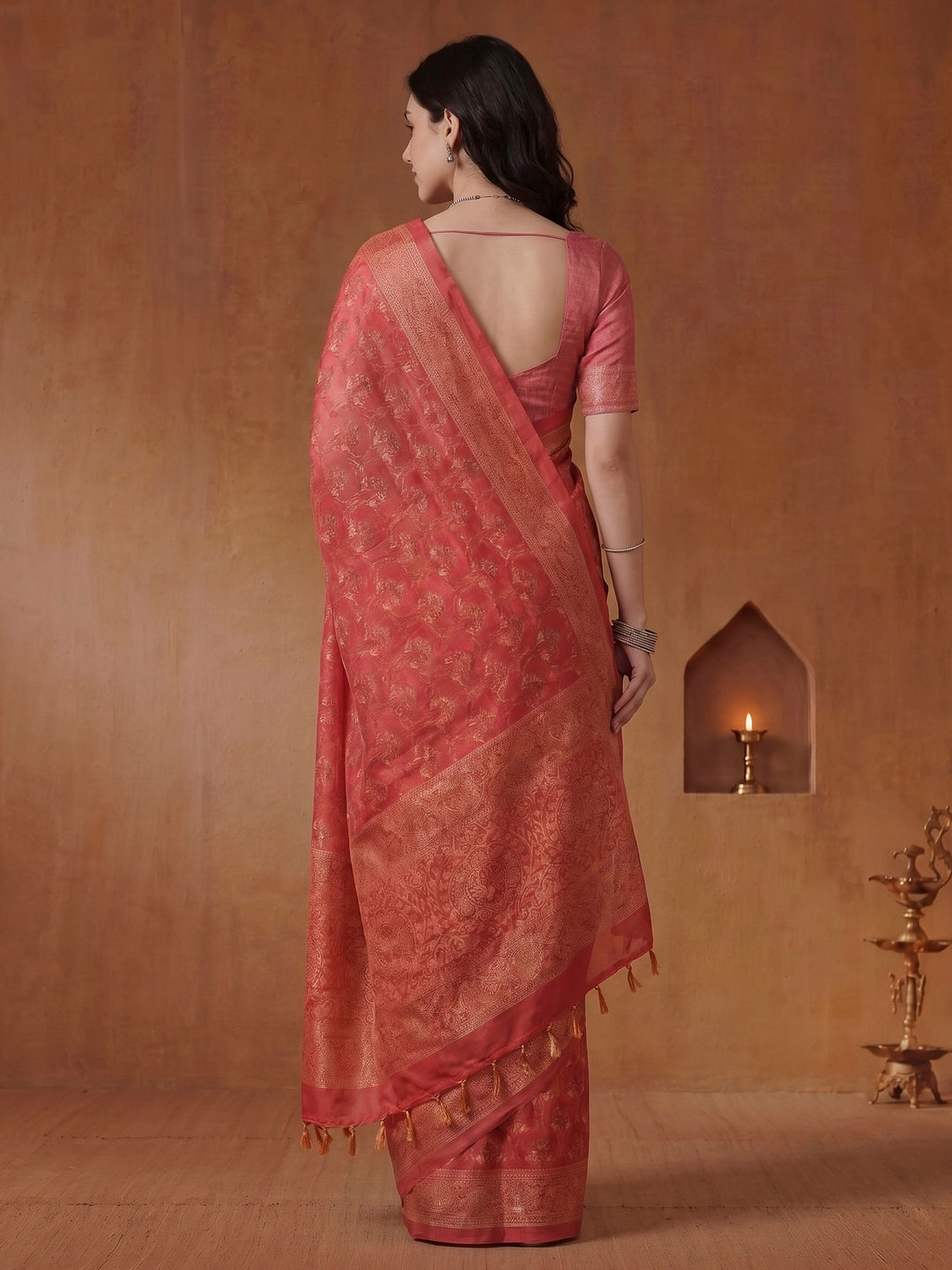 Pink Cotton Blend Printed Saree