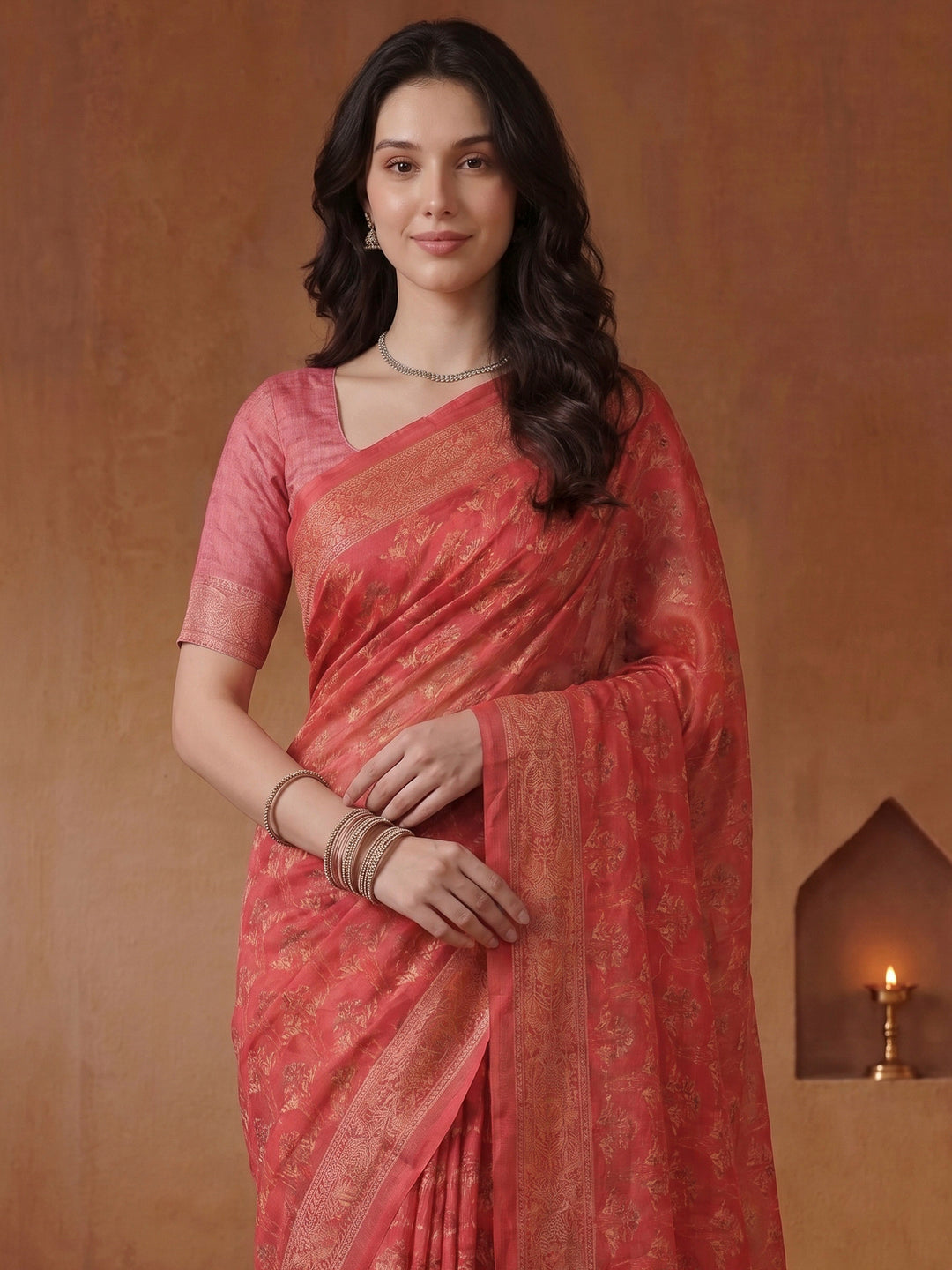 Pink Cotton Blend Printed Saree